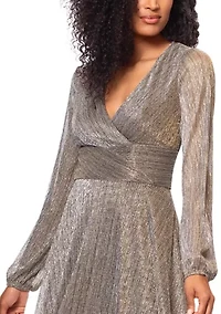 Women's Long Sleeve V-Neck Metallic Knit Gown