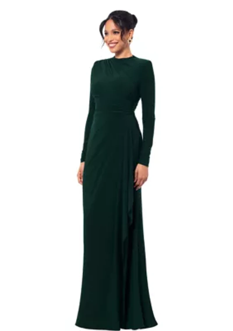 Women's High Neck Solid Ruched Ruffle Gown