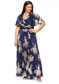 Plus Flutter Sleeve Foil Print Dress