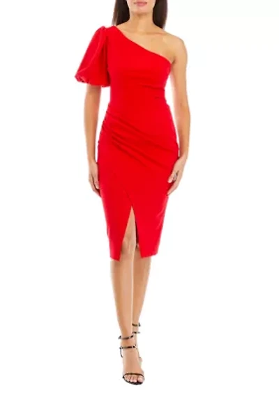 Women's One-Shoulder Puff Sleeve Sheath Dress with Slit