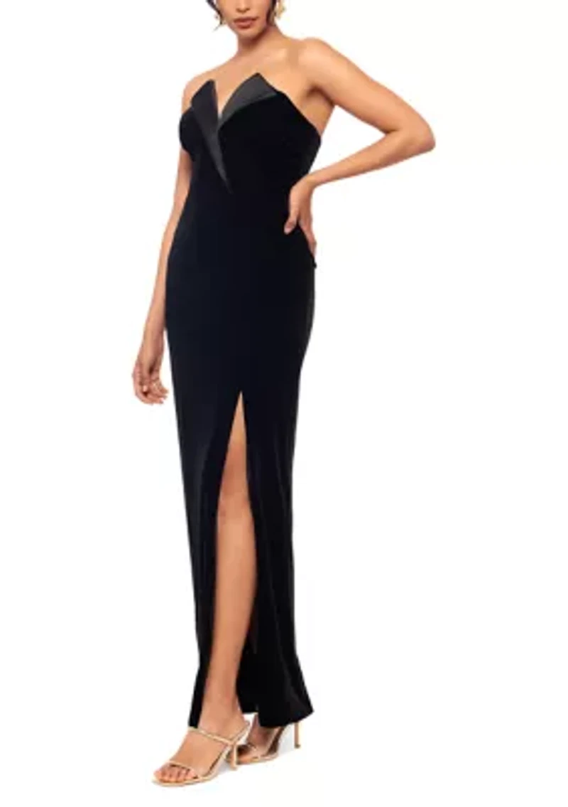 Long Velvet Strapless Tuxedo Gown