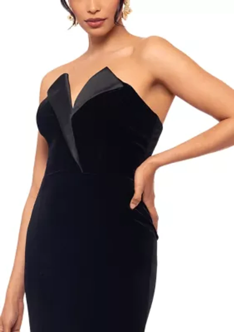 Long Velvet Strapless Tuxedo Gown