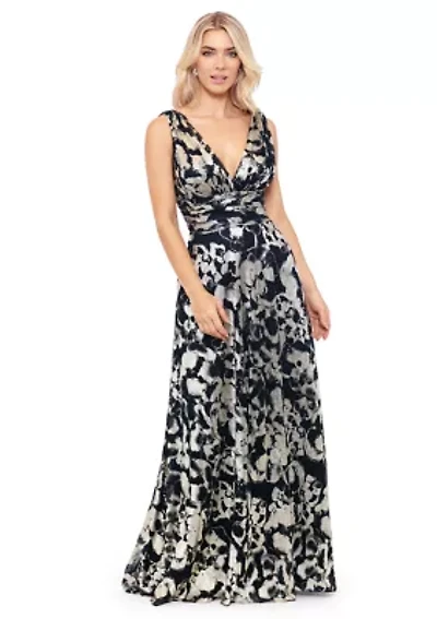 Women's Sleeveless Metallic Knit Fit and Flare Gown