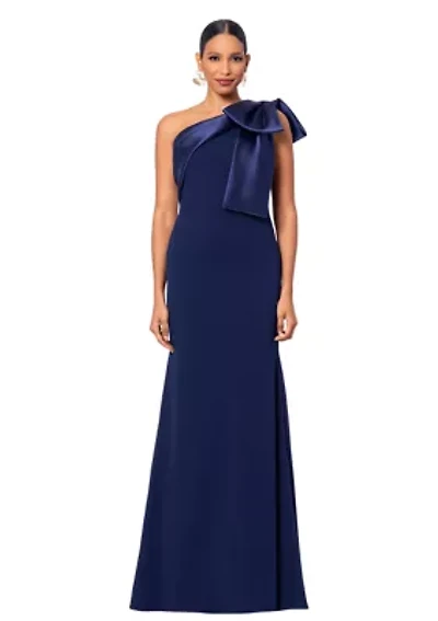 Women's Long Scuba Crepe Bow Satin Gown