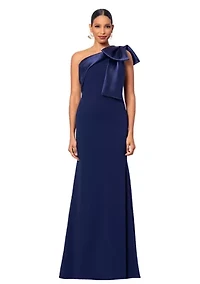 Women's Long Scuba Crepe Bow Satin Gown