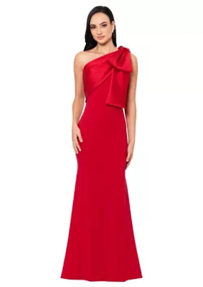 Women's Long Scuba Crepe Bow Satin Gown