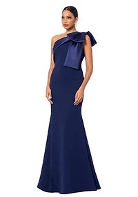 Women's Long Scuba Crepe Bow Satin Gown