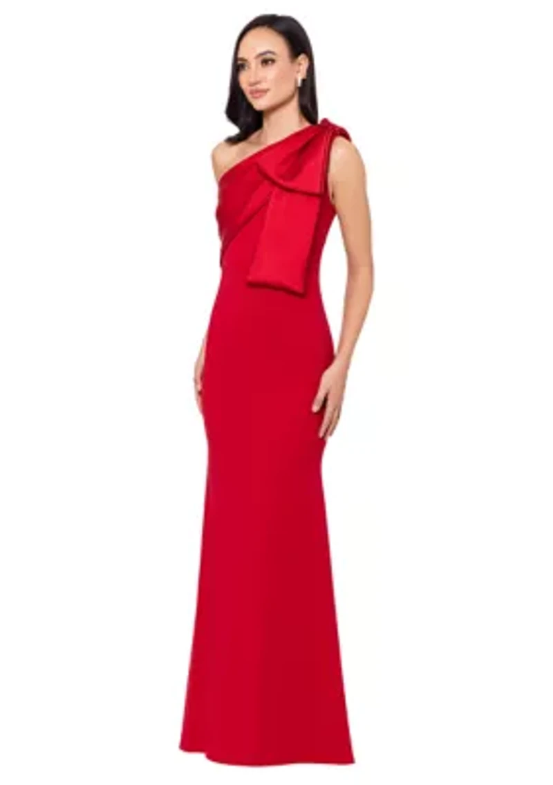 Women's Long Scuba Crepe Bow Satin Gown