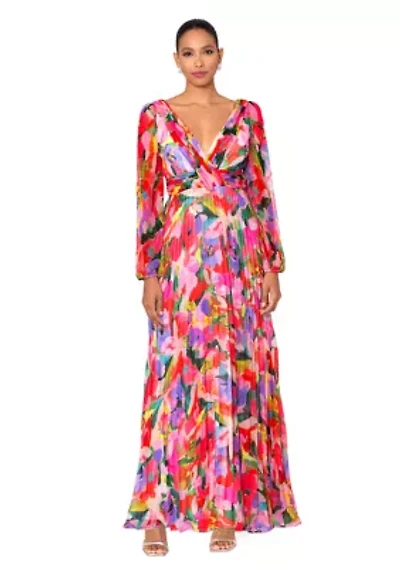 Women's V-Neck Long Sleeve Chiffon Pleated Fit and Flare Gown