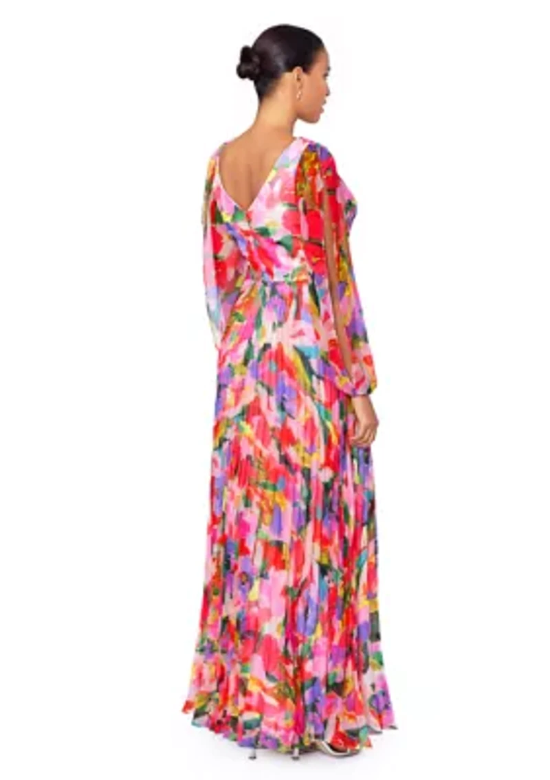 Women's V-Neck Long Sleeve Chiffon Pleated Fit and Flare Gown