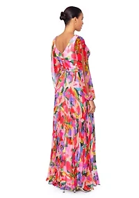 Women's V-Neck Long Sleeve Chiffon Pleated Fit and Flare Gown