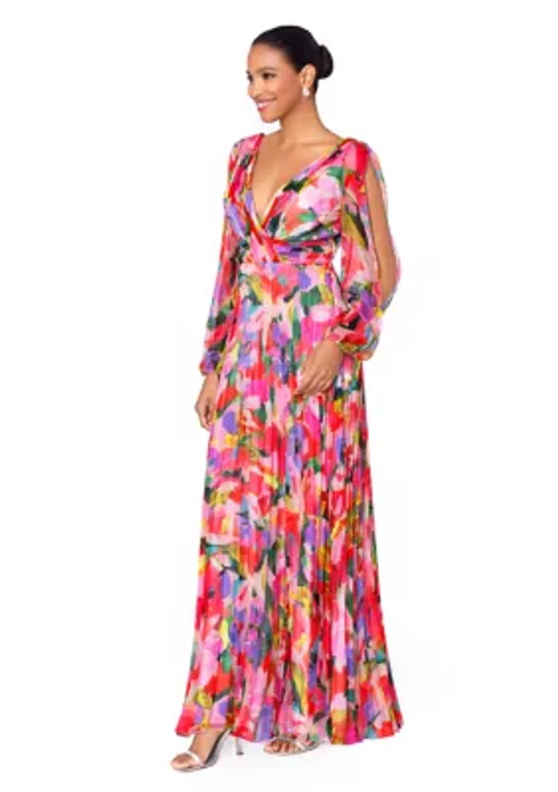 Women's V-Neck Long Sleeve Chiffon Pleated Fit and Flare Gown