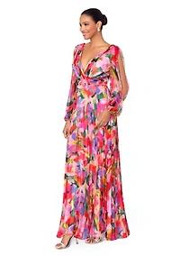 Women's V-Neck Long Sleeve Chiffon Pleated Fit and Flare Gown