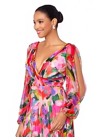 Women's V-Neck Long Sleeve Chiffon Pleated Fit and Flare Gown