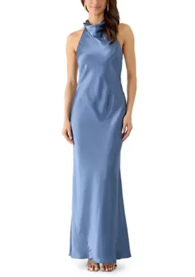 Women's Sleeveless Satin Halter Sheath Gown