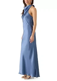 Women's Sleeveless Satin Halter Sheath Gown