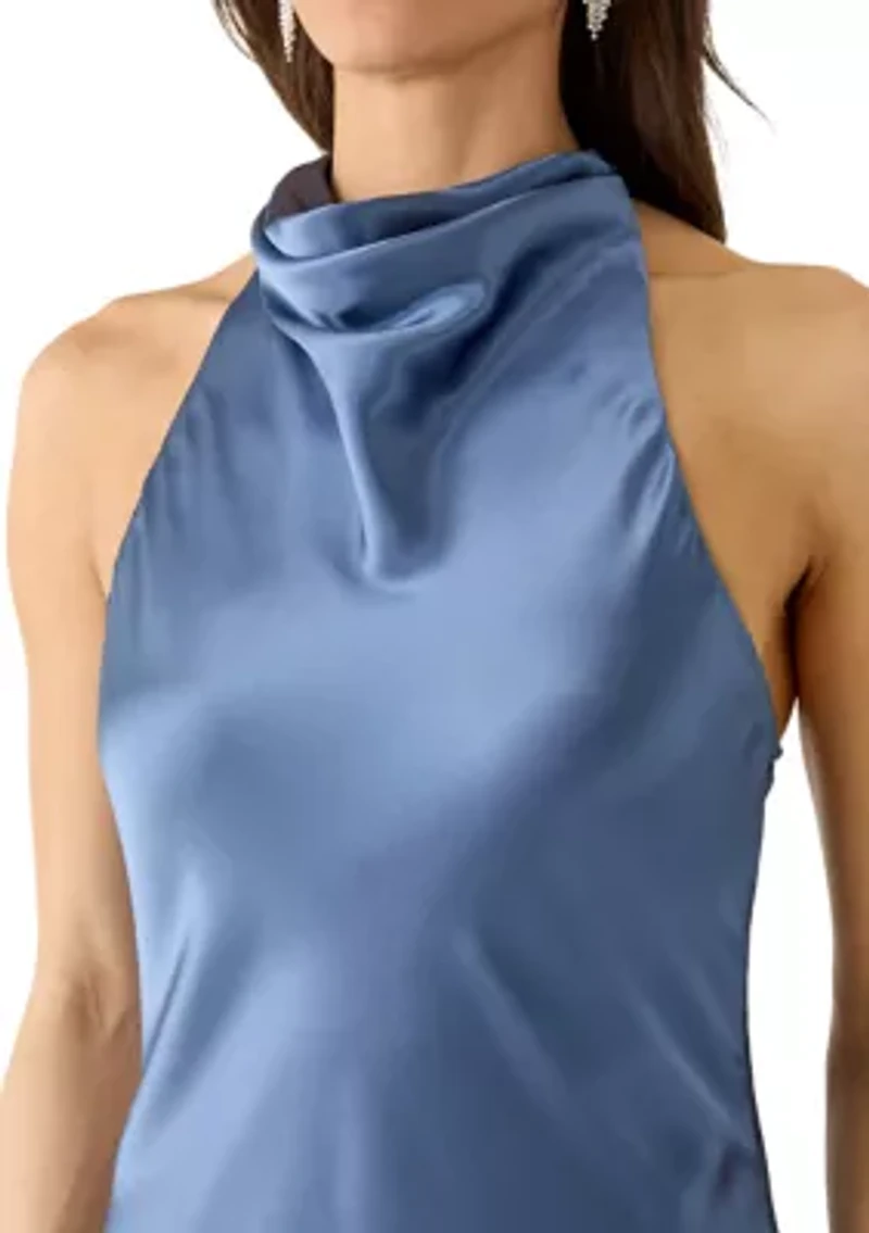 Women's Sleeveless Satin Halter Sheath Gown