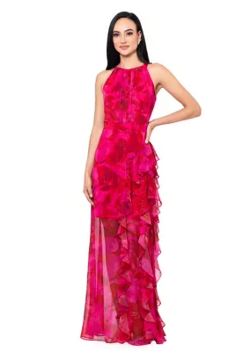 Women's Sleeveless Halter Floral Printed Chiffon Maxi Dress