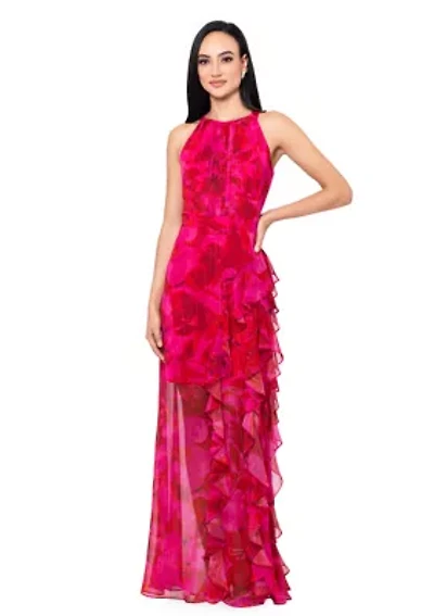 Women's Sleeveless Halter Floral Printed Chiffon Maxi Dress