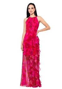 Women's Sleeveless Halter Floral Printed Chiffon Maxi Dress