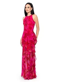 Women's Sleeveless Halter Floral Printed Chiffon Maxi Dress