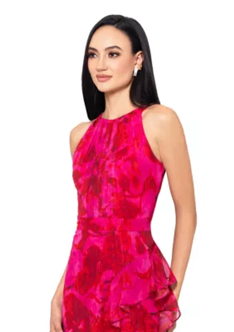 Women's Sleeveless Halter Floral Printed Chiffon Maxi Dress