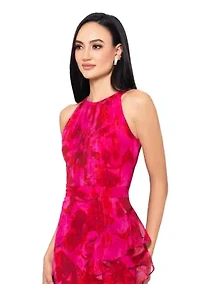 Women's Sleeveless Halter Floral Printed Chiffon Maxi Dress