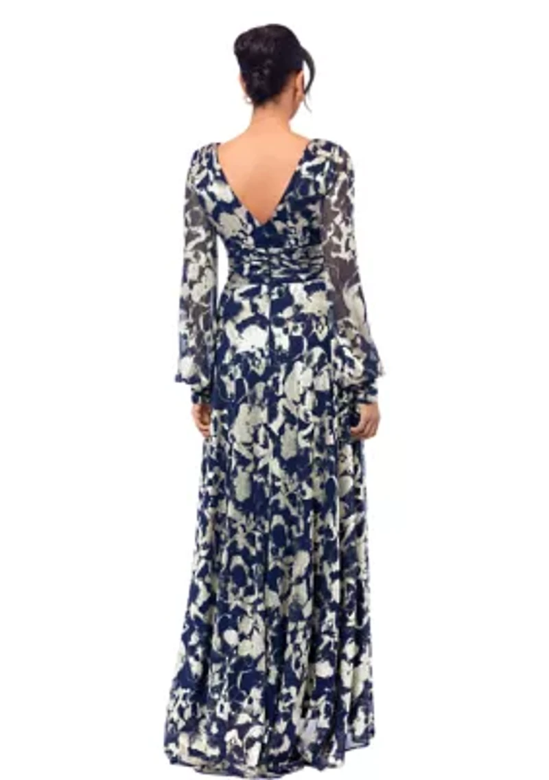 Women's Long Sleeve Floral Print Belted Gown