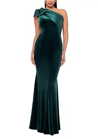 Long Velvet One Shoulder Mikado Bow Gown