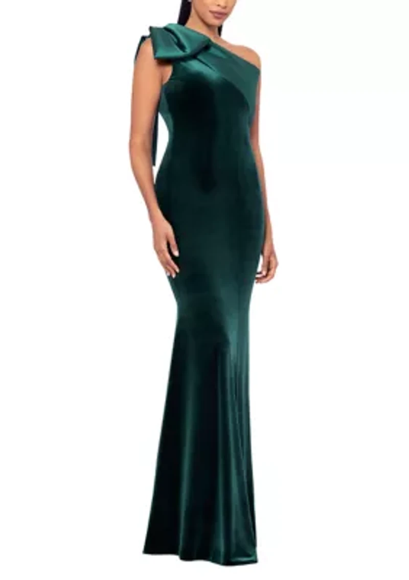 Long Velvet One Shoulder Mikado Bow Gown
