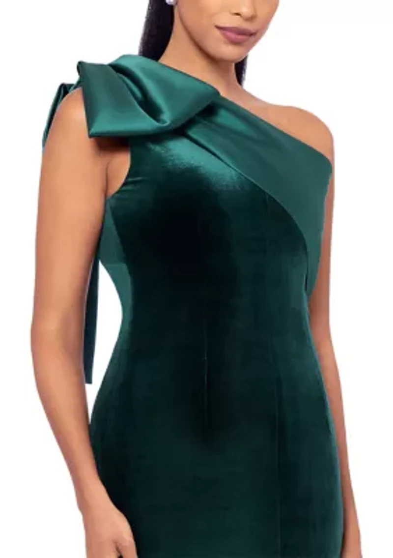 Long Velvet One Shoulder Mikado Bow Gown