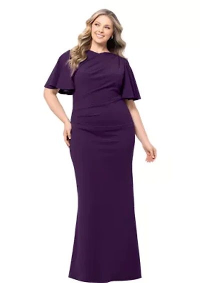 Plus Short Sleeve Ruffle Wide Neck Ruched Solid Gown