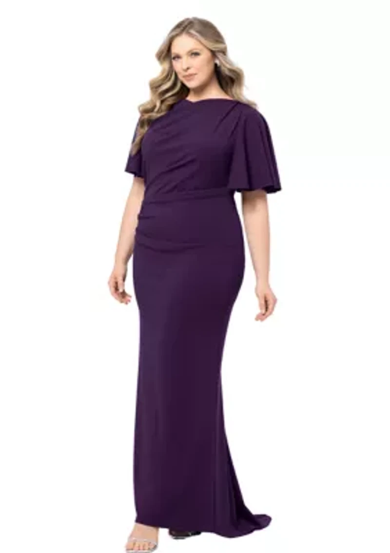 Plus Short Sleeve Ruffle Wide Neck Ruched Solid Gown