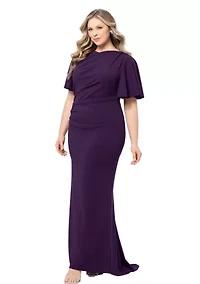 Plus Short Sleeve Ruffle Wide Neck Ruched Solid Gown