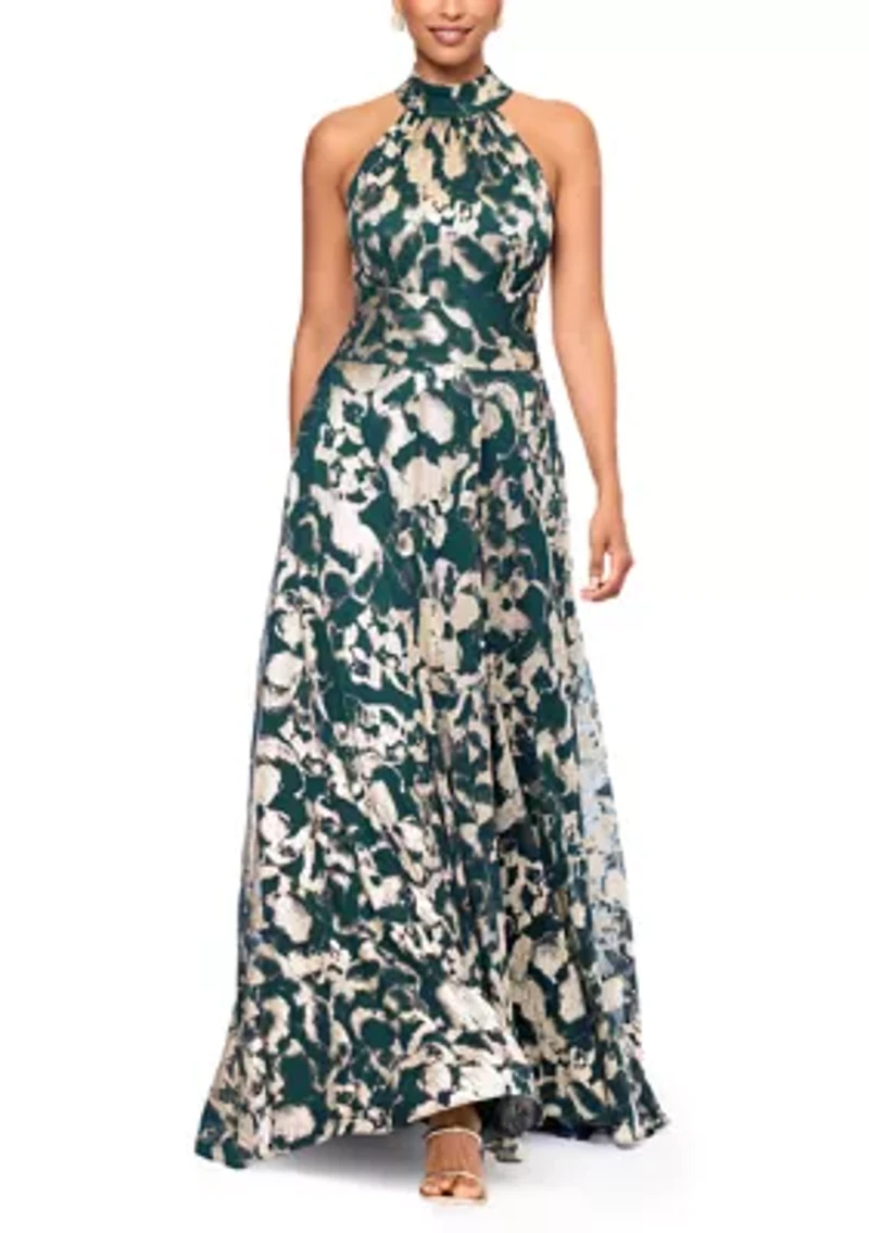 Women's Sleeveless Halter Print Metallic Gown