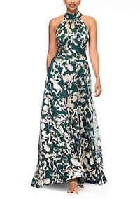 Women's Sleeveless Halter Print Metallic Gown