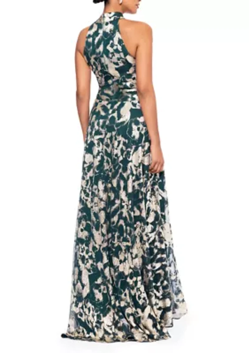 Women's Sleeveless Halter Print Metallic Gown
