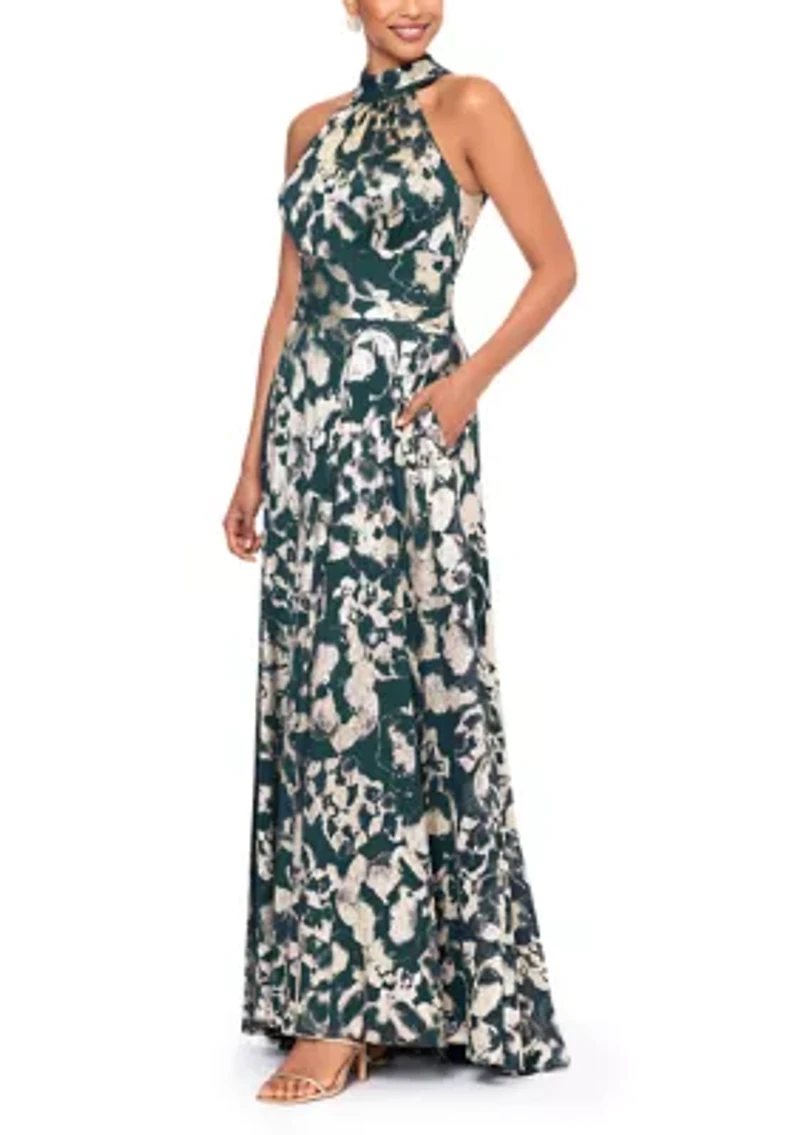 Women's Sleeveless Halter Print Metallic Gown