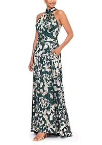Women's Sleeveless Halter Print Metallic Gown