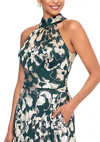 Women's Sleeveless Halter Print Metallic Gown