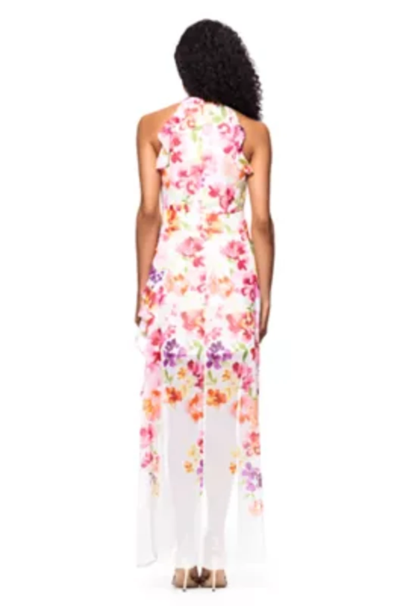 Women's Sleeveless Floral Printed Chiffon Gown
