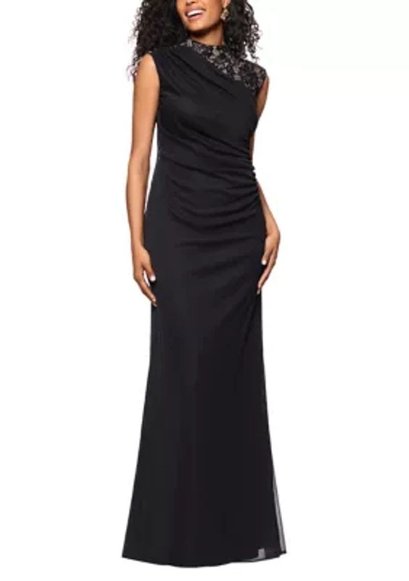 Women's Sleeveless Mock Neck Solid Mesh A-Line Dress