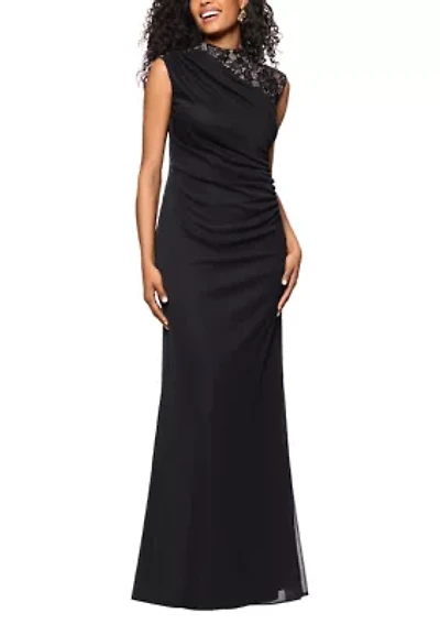 Women's Sleeveless Mock Neck Solid Mesh A-Line Dress