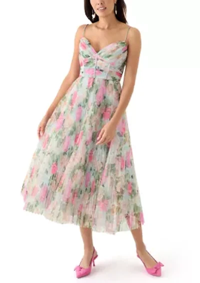 Women's Floral Printed Tulle Fit and Flare Dress