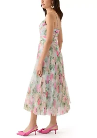 Women's Floral Printed Tulle Fit and Flare Dress
