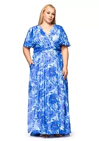 Plus Long V-Neck Flutter Print Maxi Dress