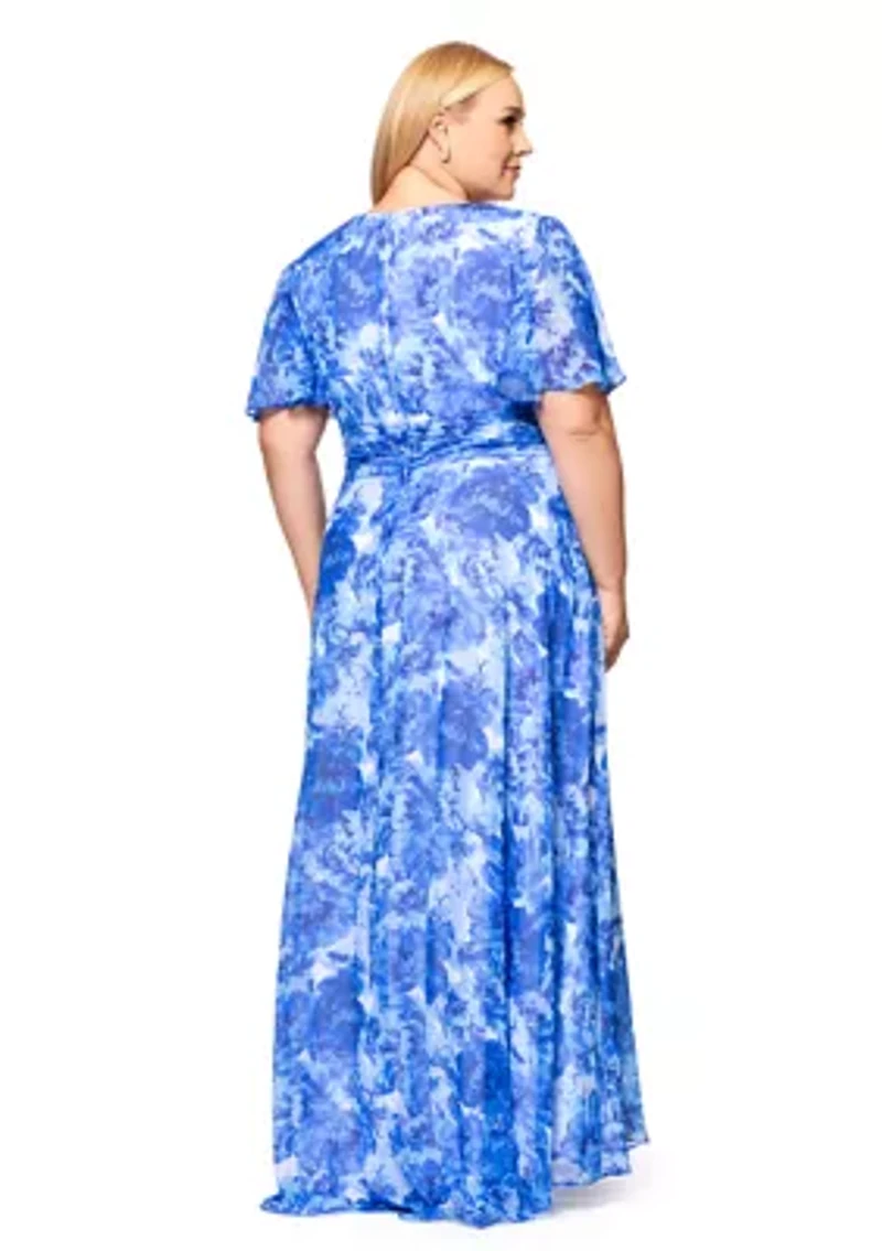 Plus Long V-Neck Flutter Print Maxi Dress