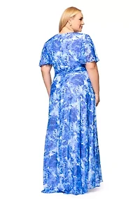 Plus Long V-Neck Flutter Print Maxi Dress