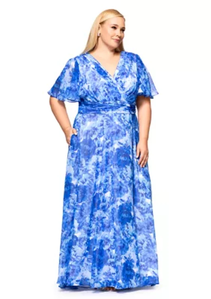 Plus Long V-Neck Flutter Print Maxi Dress