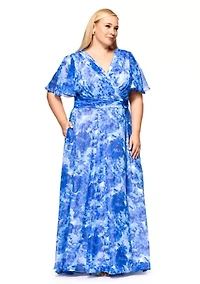 Plus Long V-Neck Flutter Print Maxi Dress